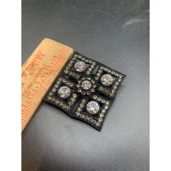 Black and Clear Rhinestones Brooch Maltese Cross Square Vintage Beauty - Picture 7 of 7